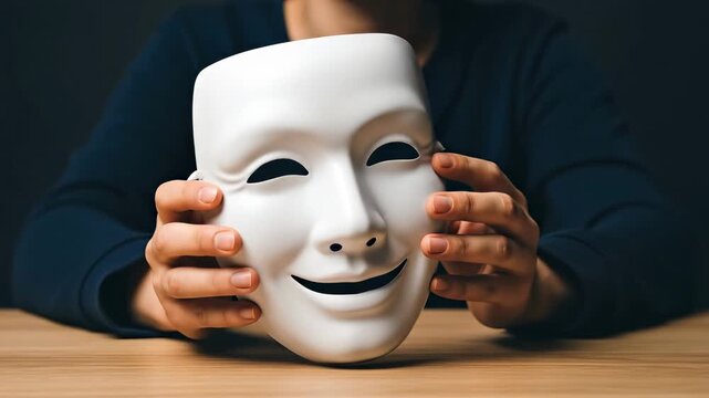 Person Holding White Smiling Mask Symbolizing Deception Against Dark Background with Soft Lighting and Wooden Table