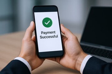 Successful Mobile Payment Confirmation on Smartphone Held by Business Professional Near Laptop