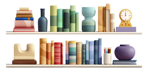 Obraz premium Colorful Illustration of Bookshelves with Stylish Objects and Minimalist Design