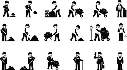 Construction workers in action performing industrial tasks, safety operations, teamwork, manual labor, and engineering roles in black and white vector icons