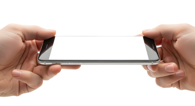 Close-up of two hands holding a modern smartphone horizontally with a blank white screen