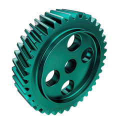 Single Teal Green Metal Gear Wheel Isolated On Transparent Background Showing Intricate Teeth and Inner Spokes Detailed Industrial Component