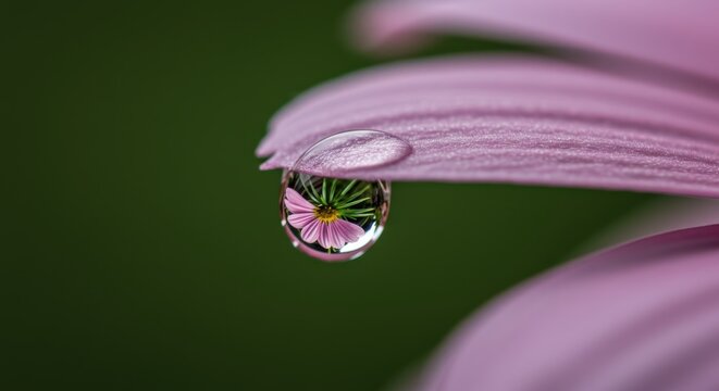 Single dewdrop magnifying a pink blossom reflected on a lavender petal surface
