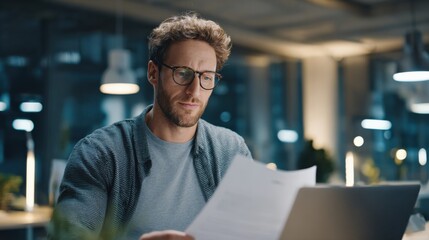 Focused professional reviewing documents at his desk, analyzing paperwork with concentration in modern office setting