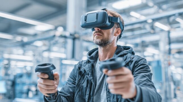 Man Experiencing Virtual Reality in Industrial Setting with VR Headset and Controllers for Design or Simulation