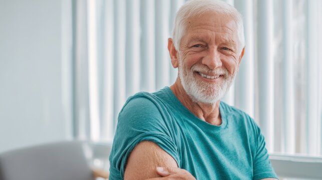 Smiling Senior Man Shows Arm After Vaccination, Health and Wellness Concepts, Prevention and Immunization