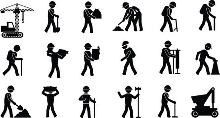 Construction workers silhouette set with tools, teamwork, safety gear, industrial tasks, machinery, labor icons for building, engineering, and site operations.