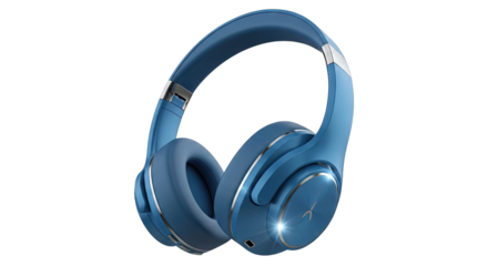 Blue Over Ear Headphones With Silver Accents And Metallic Logo Detail Isolated On Transparent Background With Soft Studio Lighting