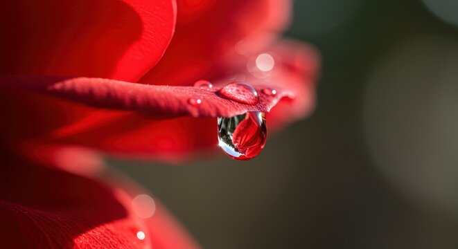 Single water drop hangs from the edge of a brilliant red flower petal reflecting an inverted image