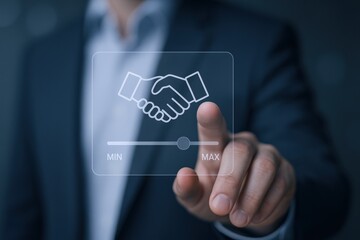 Business Agreement Optimization: Man Interacting with Handshake Icon on Virtual Interface for Partnership Enhancement