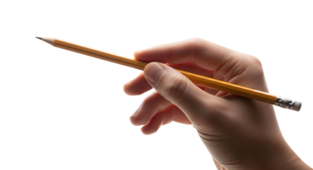 A hand holding a pencil for drawing or writing, isolated on white background