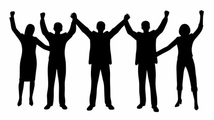 Silhouette of five people with raised arms in celebration and unity against a white background space | editable eps vectors