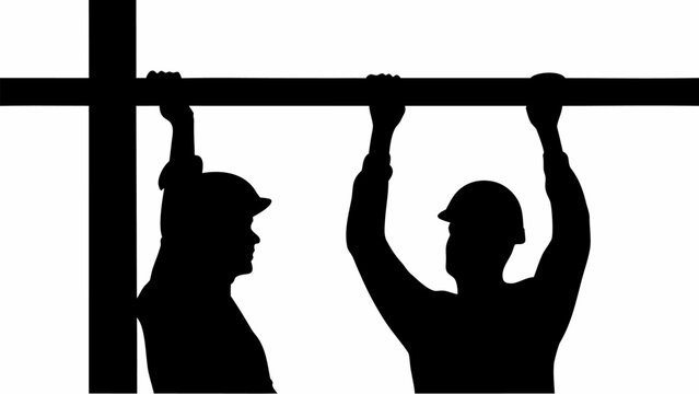 Silhouette of two construction workers in helmets lifting a beam with a cross shaped support structure | editable eps vectors