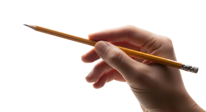 A hand holding a pencil for drawing or writing, isolated on white background