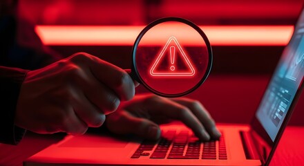 Cyber threat detection and data risk warning concept. Person holding magnifying glass with digital alert symbol representing cybersecurity breach, malware, wallpaper, investigation, system vulnerabili