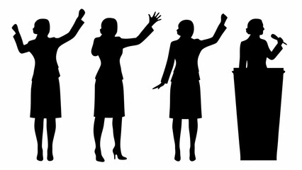 Silhouetted women in suits with raised hands and a speaker at a podium giving a speech to a crowd of people | editable eps vectors