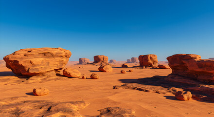 Panoramic view of the arid desert landscape with sandstone formations and sparse vegetation under a clear blue sky