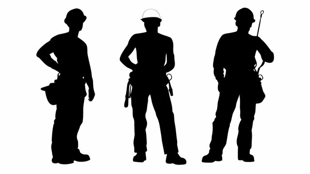 Three construction workers standing in silhouette with tool belts and hard hats on a white background | editable eps vectors