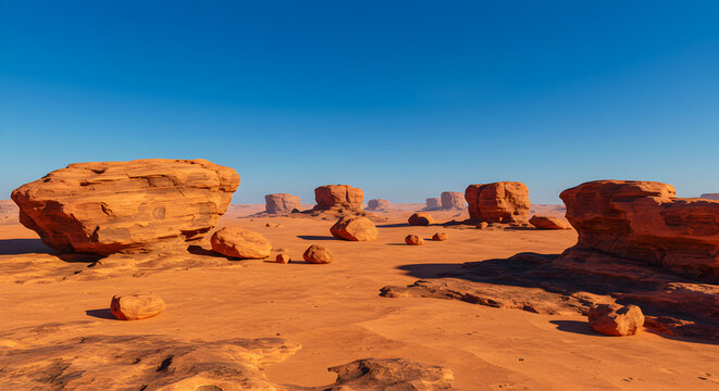 Panoramic view of the arid desert landscape with sandstone formations and sparse vegetation under a clear blue sky - Powered by Adobe