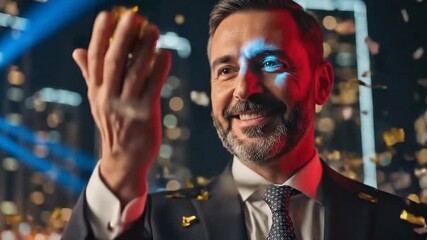 Celebrating Success - A Mans Joyful Moment Amidst Confetti.