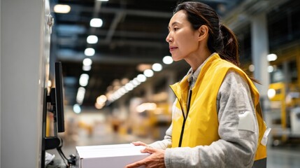 Asian woman scans package at distribution warehouse, wearing safety vest for logistics efficiency and streamlined operations