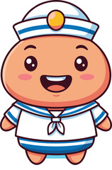 Cute cartoon sailor character in uniform with happy face, blue stripes, rosy cheeks, perfect for kids media and educational design