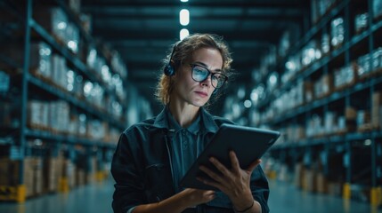 Woman Overseeing Inventory Management in a Large Warehouse Using a Tablet for Data Analysis