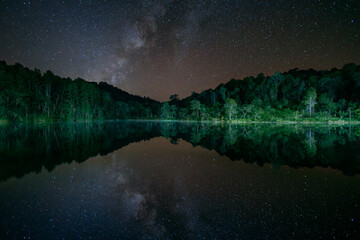 milky way stretches across the sky above the calm lake at Pang Ung in Mae Hong Son, reflecting the stars on the water with the forested hills framing the night scene.