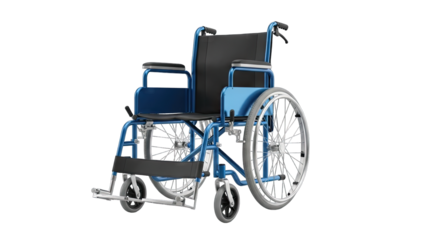 Blue Metal Wheelchair with Black Cushions and Large Wheels Isolated on a Transparent Background