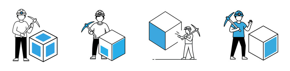 Four isometric illustrations depicting people mining blocks, symbolizing cryptocurrency or data extraction.