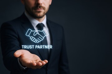 Professional businessman offering trust partnership with handshake icon, symbolizing collaboration and reliable commitment in business settings
