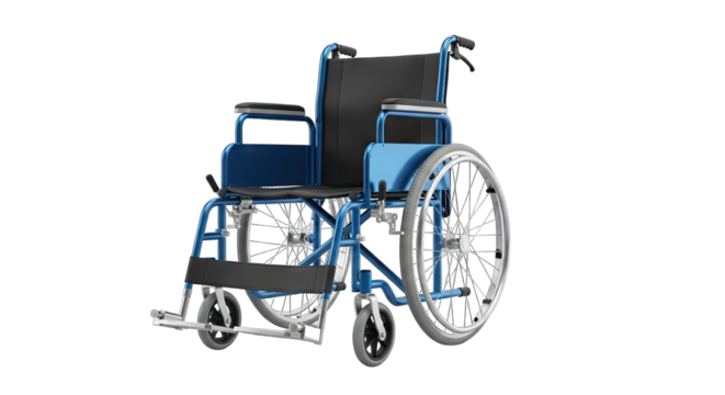 Blue Metal Wheelchair with Black Cushions and Large Wheels Isolated on a Transparent Background