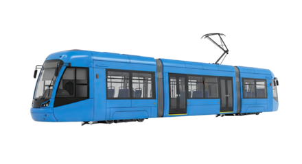 Blue Modern Tram Vehicle With Black Roof Detail and Pantograph Under Studio Lighting Isolated on Black Background