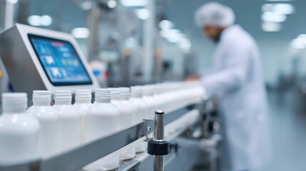 Pharmaceutical Manufacturing: Automated Bottling Line with Technician Overseeing Production and Quality Control in a Sterile Environment