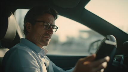 Focused man driving and using a smartphone in his car, technology and modern lifestyle