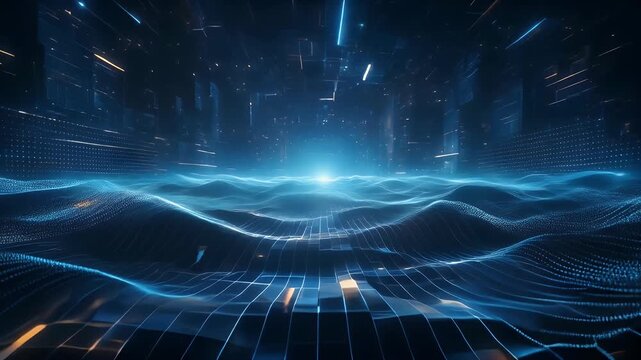 Abstract digital landscape with glowing blue waves and grid patterns.