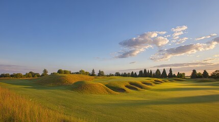 Golf course with rolling hills and sand bunkers, sunlit landscape under blue sky with clouds at sunset, wide view, copy space.