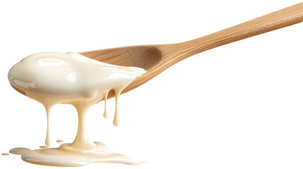 Condensed milk flowing down from spoon isolated on transparent white background,