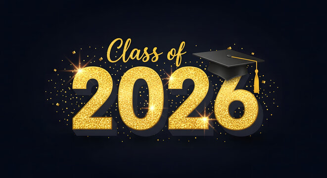 Elegant golden class of 2026 graduation announcement with cap and confetti