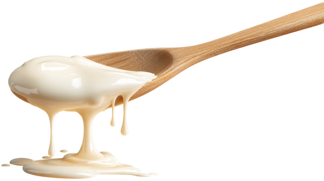 Condensed milk flowing down from spoon isolated on transparent white background, - Powered by Adobe