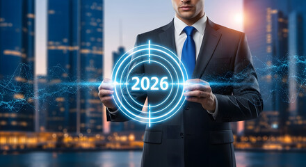 Businessman holding a glowing target with the year 2026 in a futuristic city at night