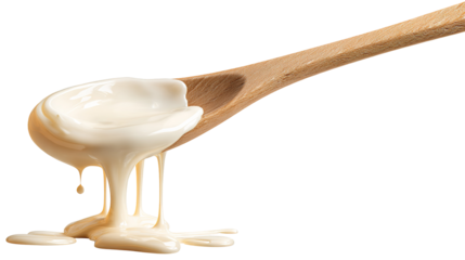Condensed milk flowing down from spoon isolated on transparent white background,