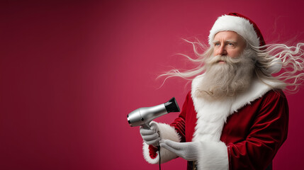Santa Claus with flowing hair, holding a hairdryer, against a vibrant pink background, showcasing a playful twist on traditional holiday imagery with modern flair