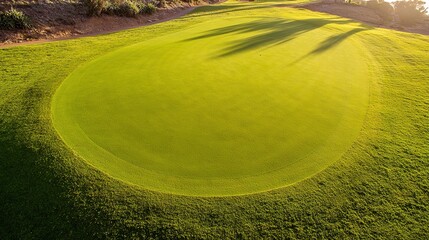 Golf green with smooth grass, sunlit golf course landscape with tree shadows and clear sky, aerial view, copy space.