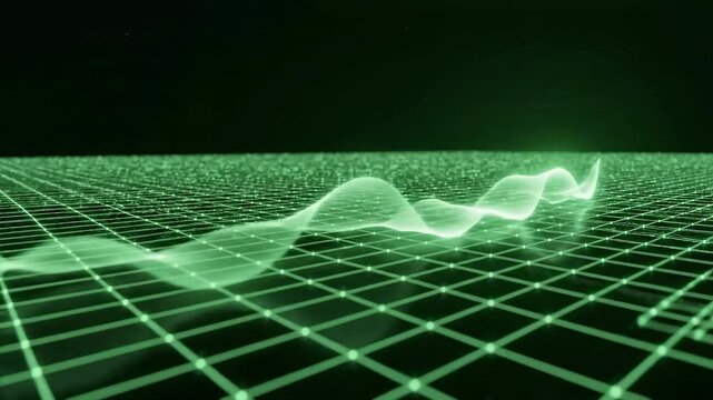 Green Neon Grid Wave Traversing Digital Space.