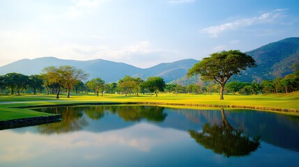 Golf course with lake reflecting trees and mountains, sunlit landscape under blue sky with clouds, wide view, copy space.