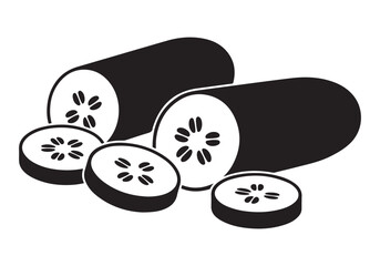  Fresh cucumber cut into slices and halves in a simple black and white silhouette