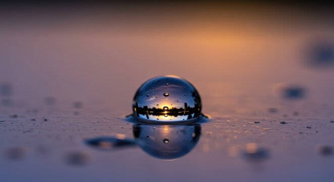 Single reflective water droplet captures inverted, illuminated landscape during twilight hours