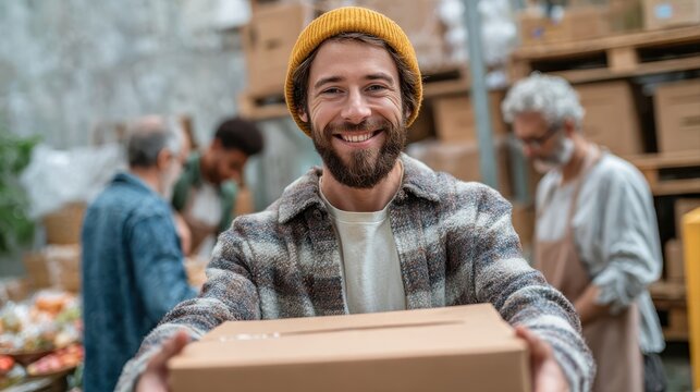Young cheerful volunteer working at charity center and giving free food donation box for people in need in charitable foundation. Humanitarian aid, volunteering and social help for poor concept.