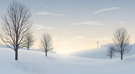 Minimalist winter landscape, bare trees and a distant cross on a hillside under a silver dawn sky, snow blanketing the ground, calm and serene Christian symbol of hope